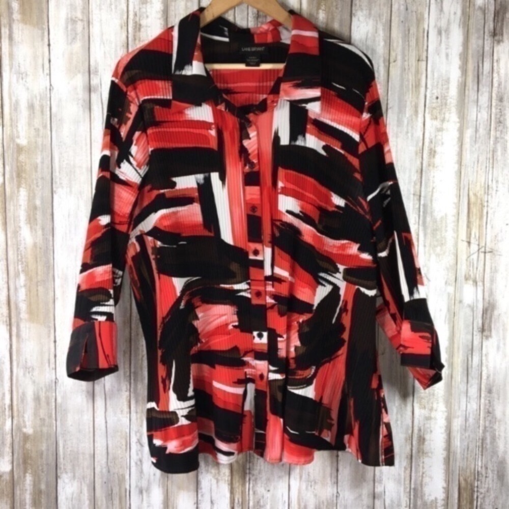 Lane Bryant Abstract Print Button Down Blouse 22/24 Red Black Plus Size